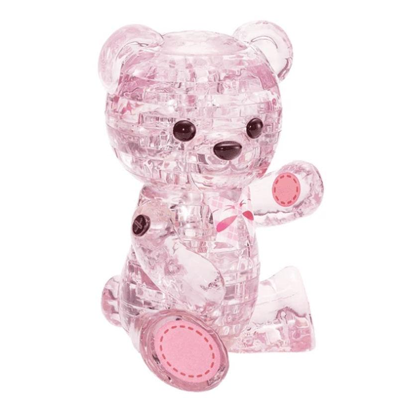 Pink crystal bear puzzle figure with 3D faceted body, round eyes and nose