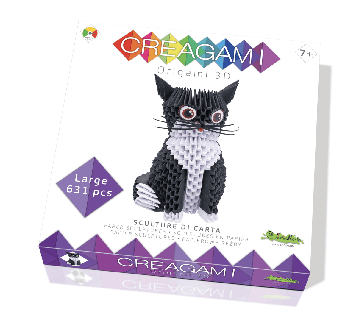 3D paper origami cat craft kit, black body with white chest, 631 pieces