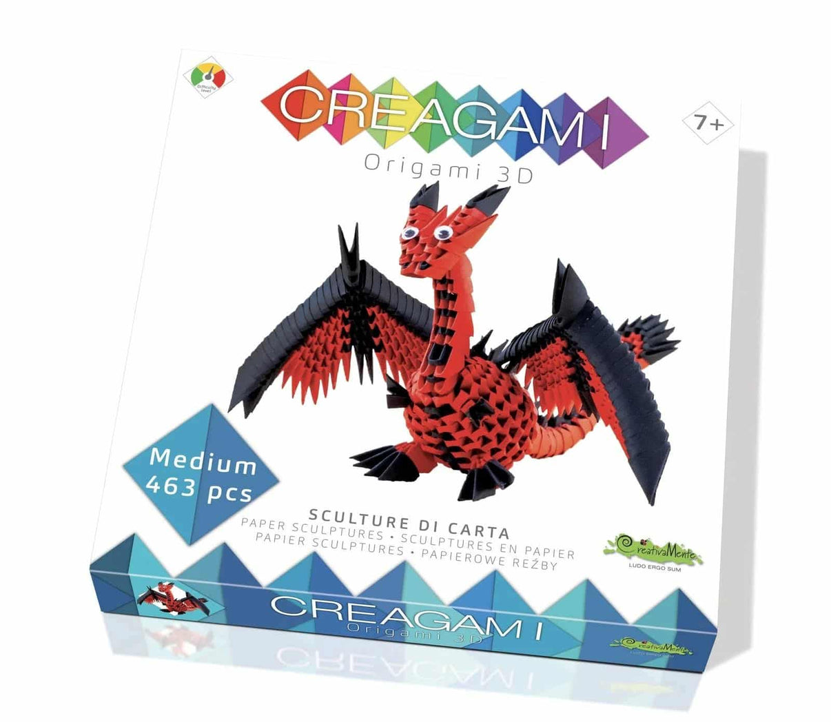 Medium 3D origami dragon model, red body with black wings and horns