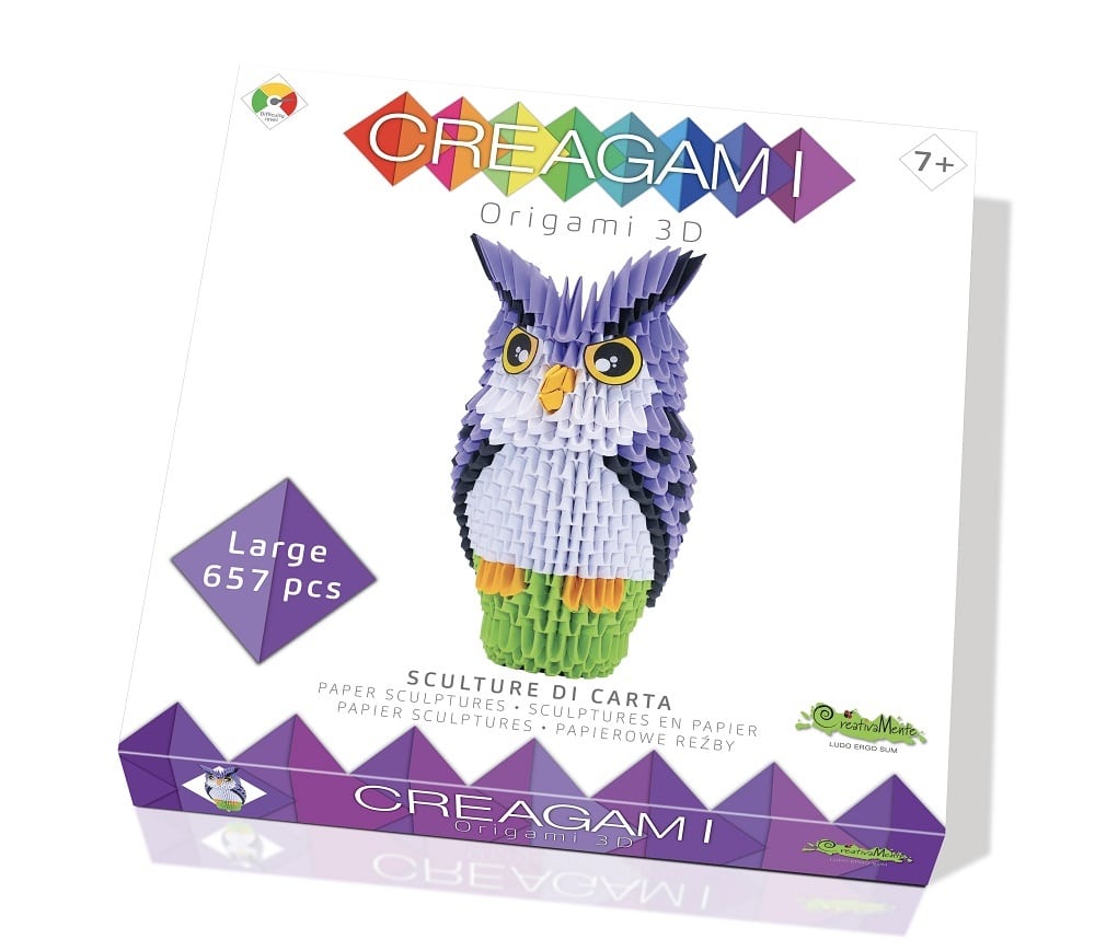Large 3D origami owl figurine, purple wings and yellow eyes on the box