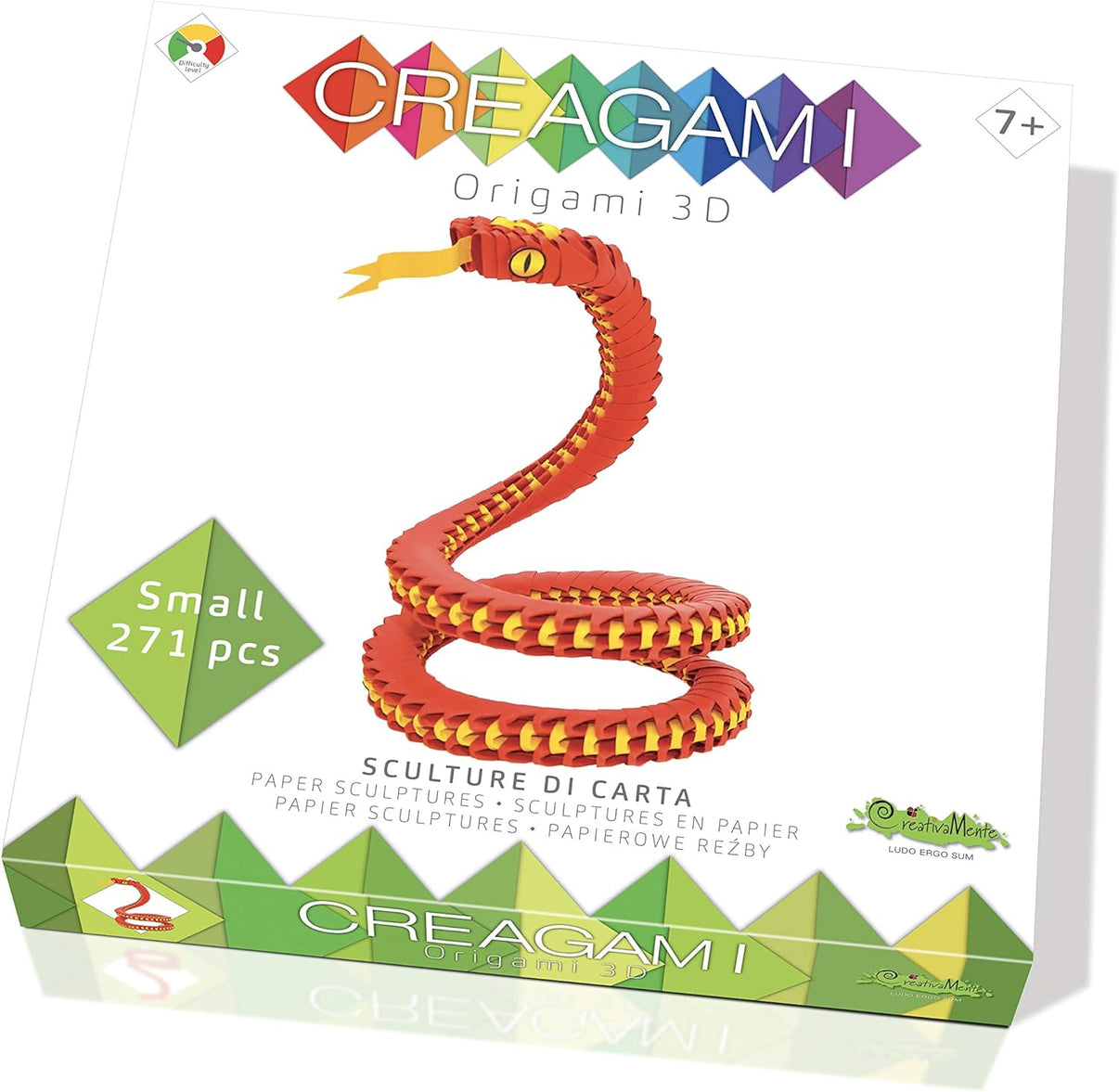 Mini origami snake paper sculpture with red body and yellow accents
