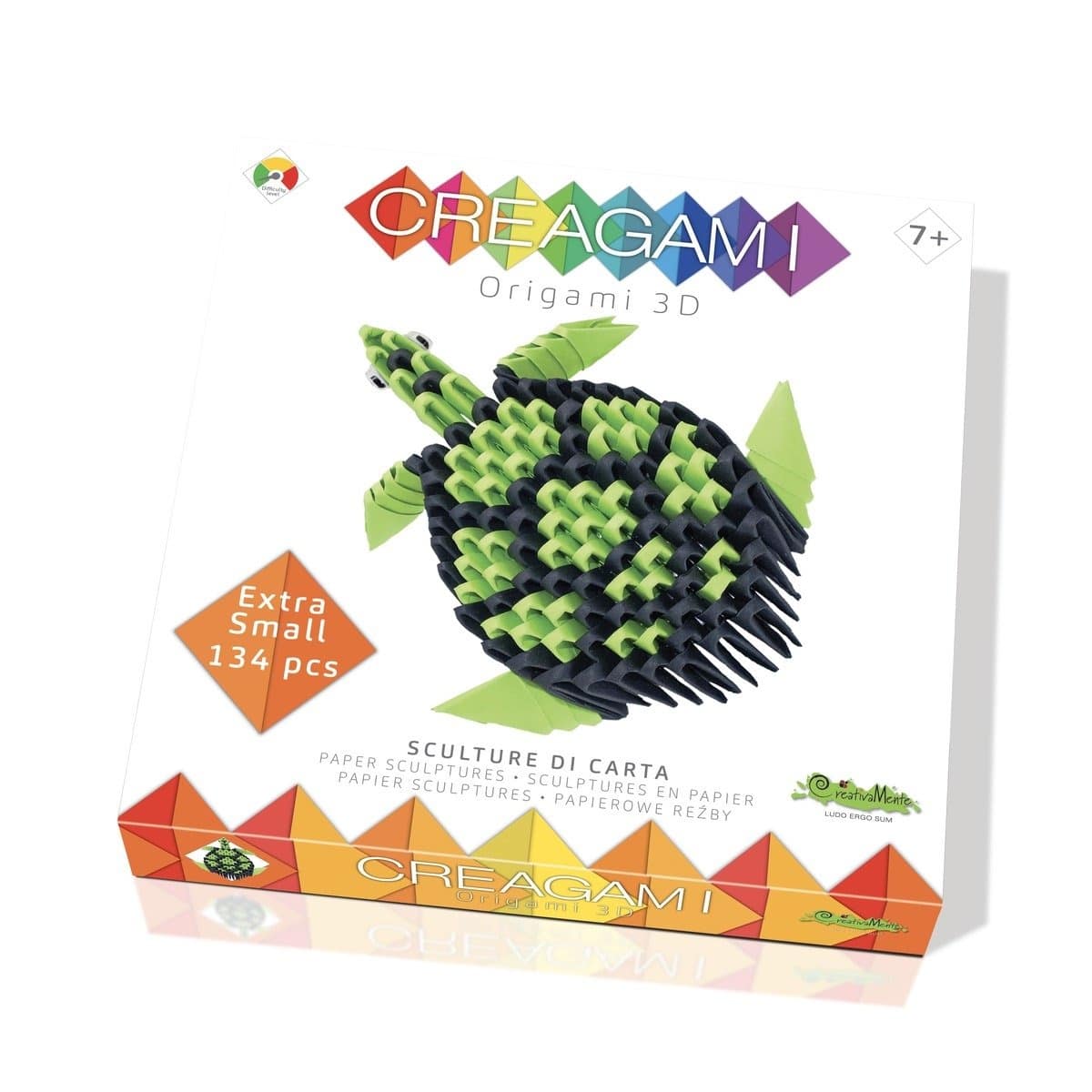 Mini 3D origami turtle figure, green and black, shown in retail box