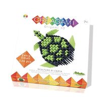 Mini 3D origami turtle figure, green and black, shown in retail box