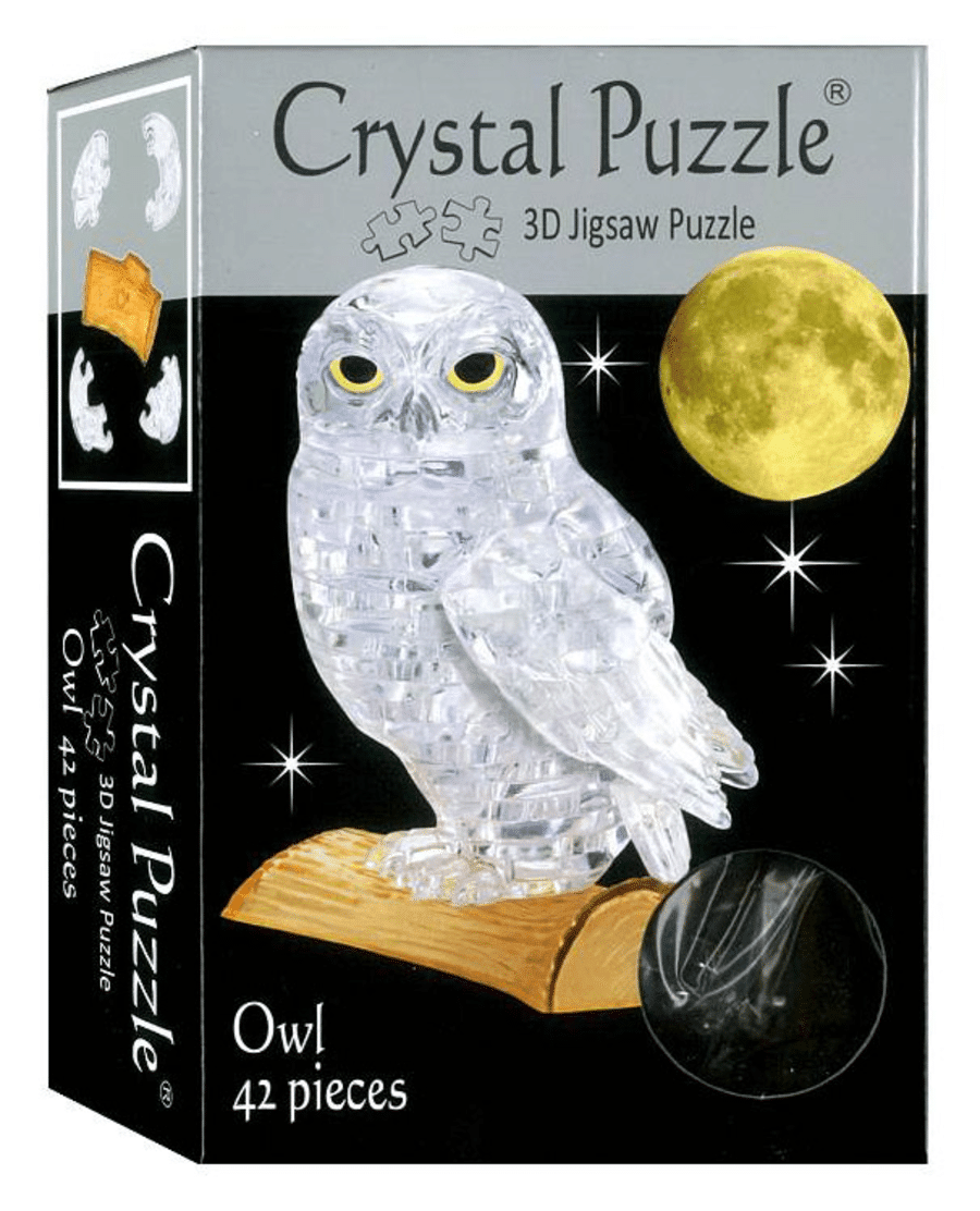 Boxed 3D owl crystal jigsaw puzzle with clear owl model