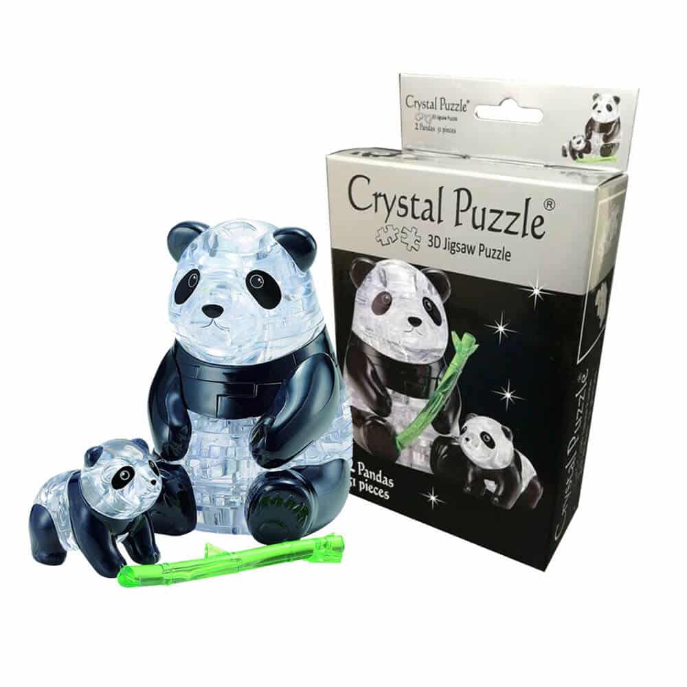 3D panda crystal puzzle set with panda figures and crystal pieces in gift box