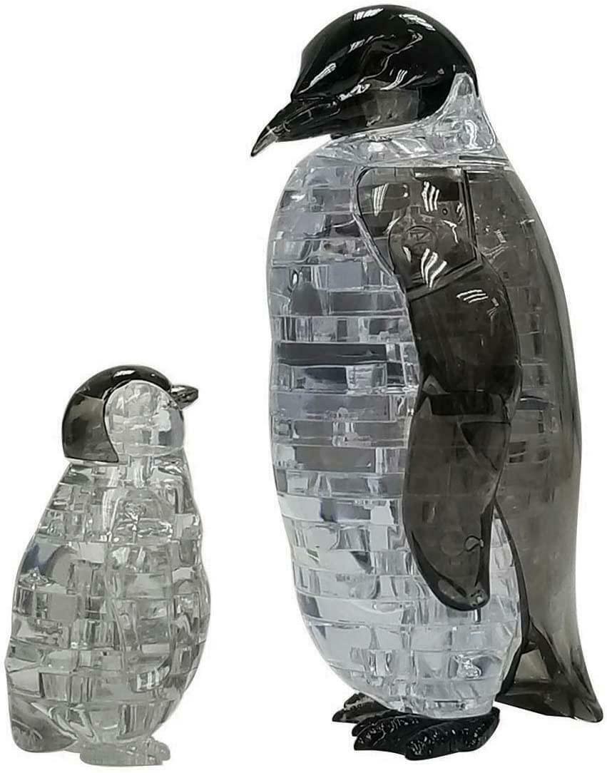 Crystal penguin puzzle figurines in clear and dark tones, with black feet