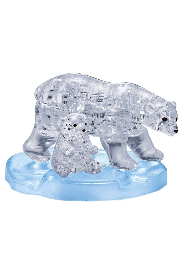 Crystal polar bear puzzle figurine with cub on icy blue base