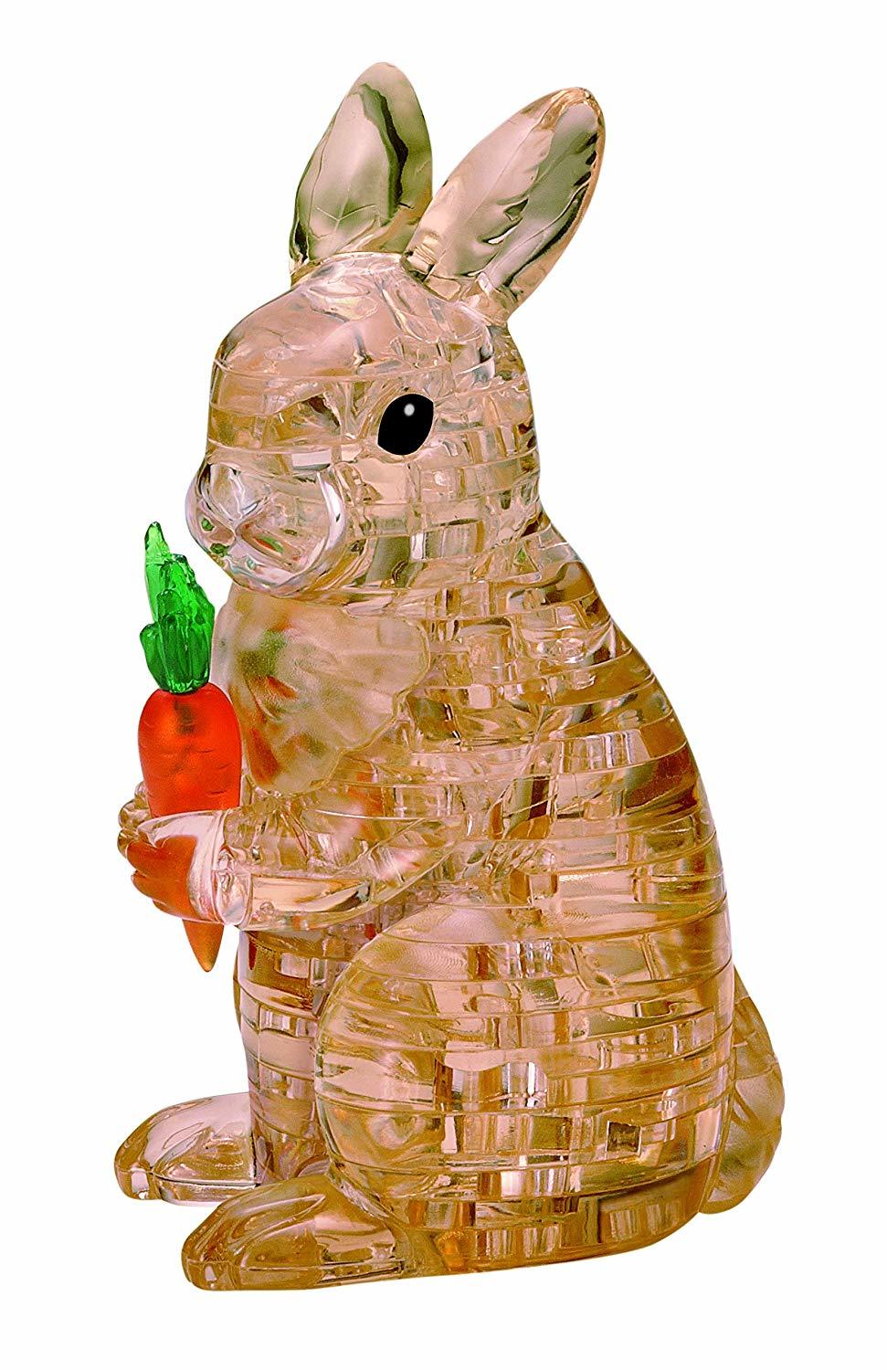 Crystal rabbit puzzle model, translucent gold with green ear detail and carrot accessory