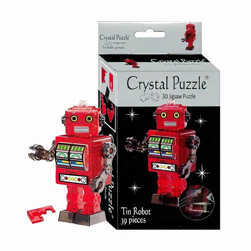 Crystal Puzzle tin robot 3D jigsaw puzzle box with red robot figure, 39 pieces
