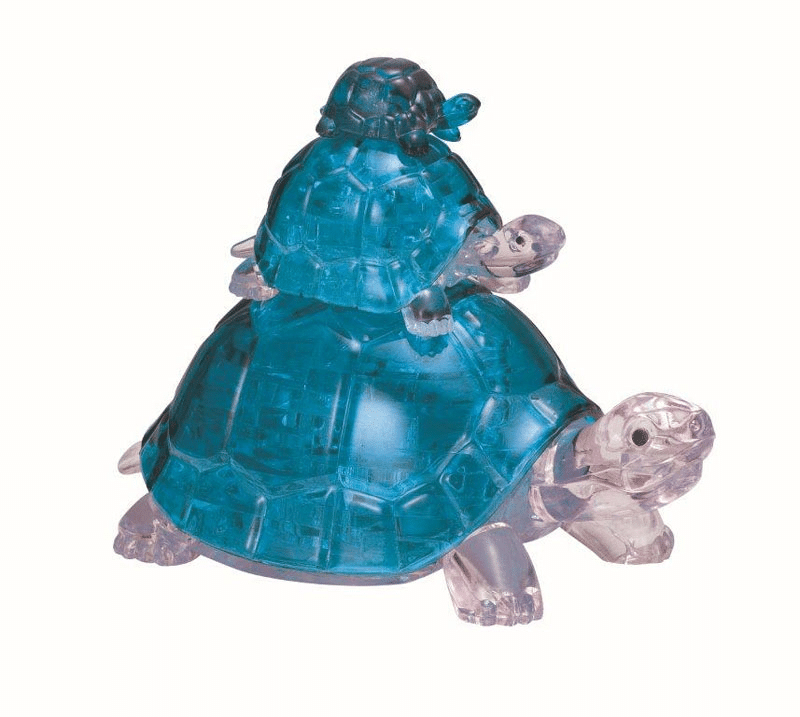 Blue crystal 3D turtle puzzle with clear tail and head, standing with two feet