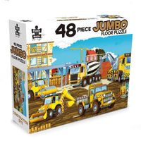 Construction-site 48-piece jumbo floor jigsaw puzzle box with trucks and excavators.