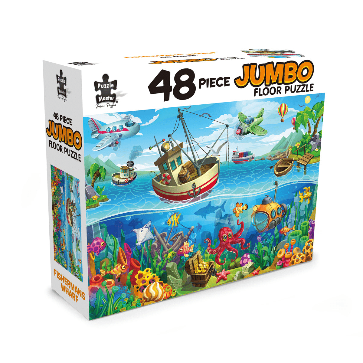 48-piece jumbo floor jigsaw puzzle box with ocean ships artwork, Fisherman's Wharf