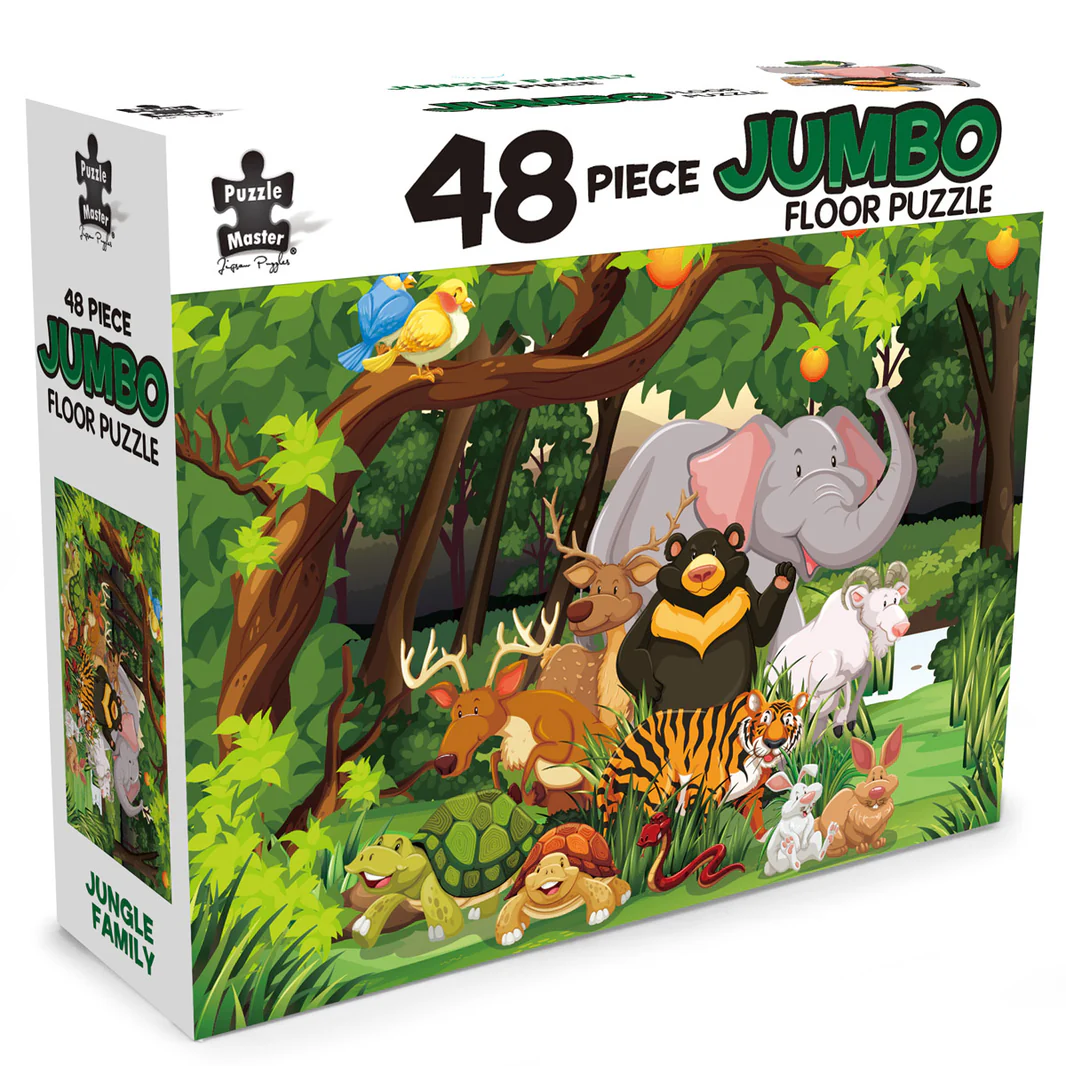 48-piece jumbo floor puzzle box with jungle family animals illustration