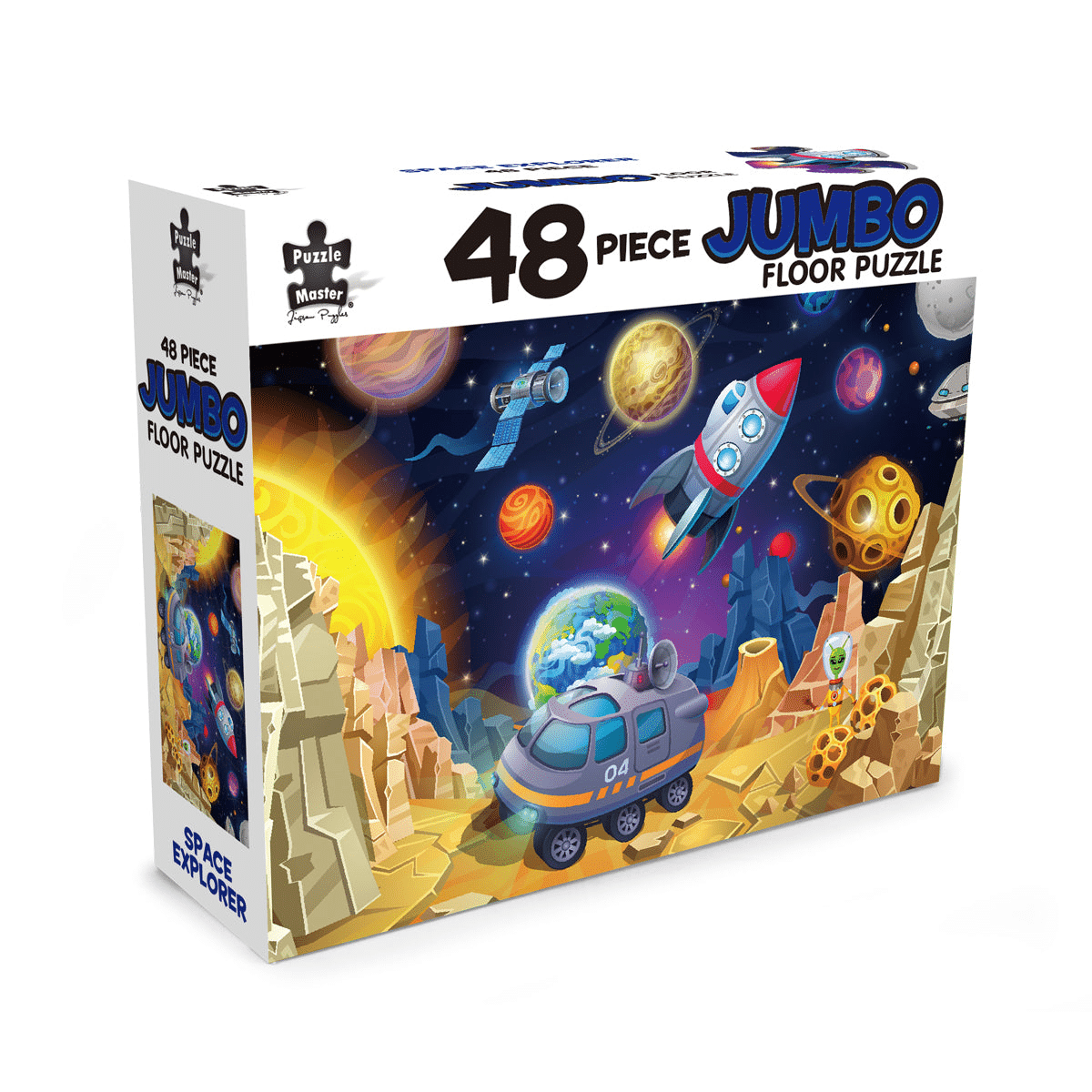 Jumbo floor puzzle box with 48 pieces and space explorer artwork featuring a rocket scene