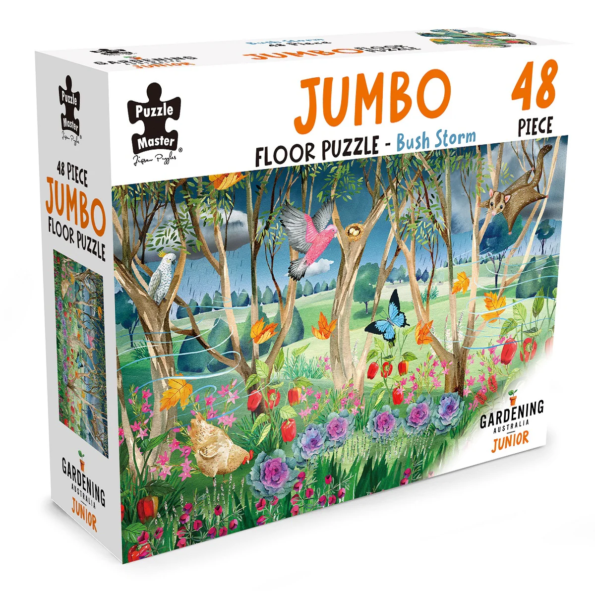 48-piece jumbo floor puzzle box with garden bush scene, animals, and butterflies