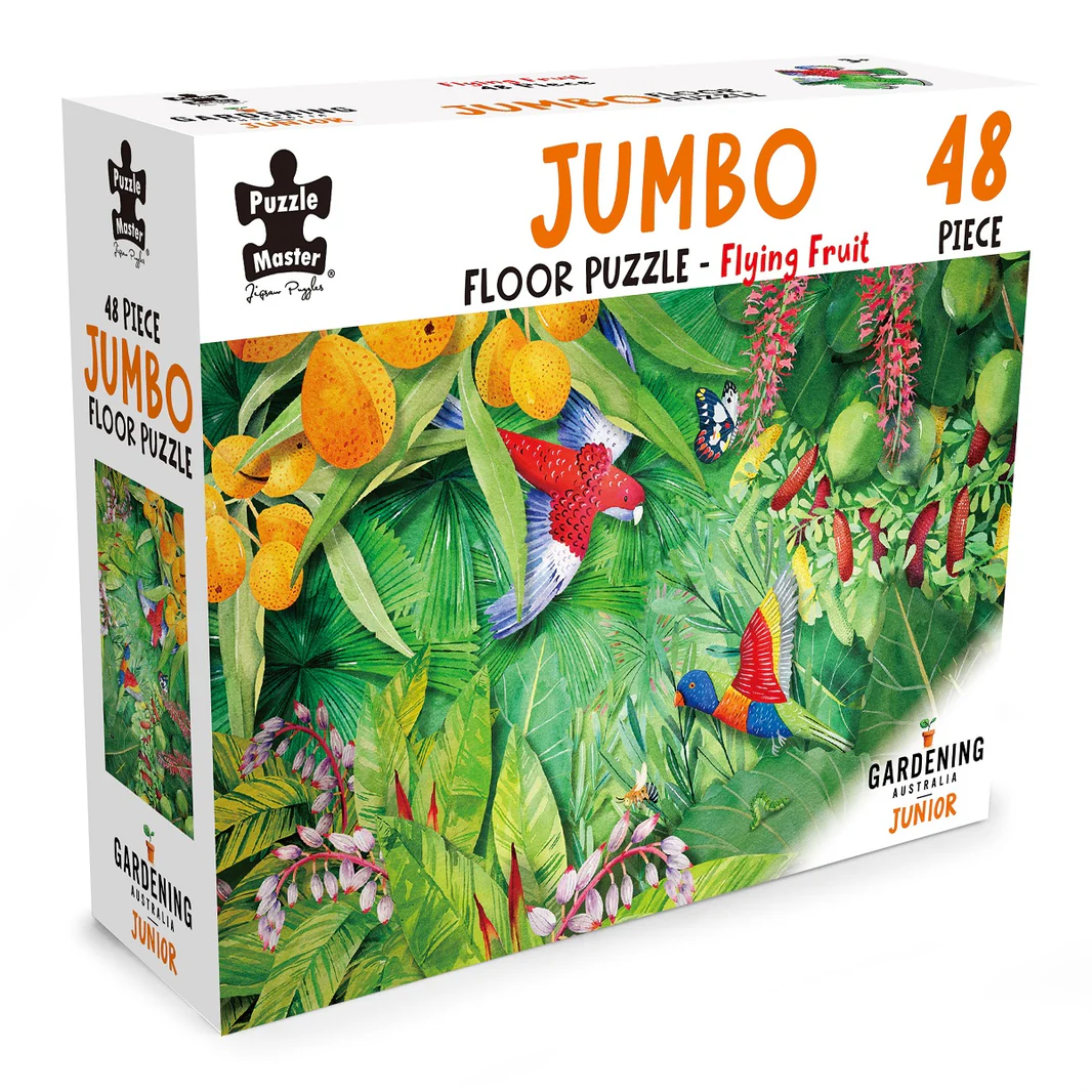 48-piece jumbo floor puzzle box with colorful flying fruit and garden theme artwork