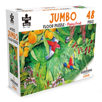 48-piece jumbo floor puzzle box with colorful flying fruit and garden theme artwork