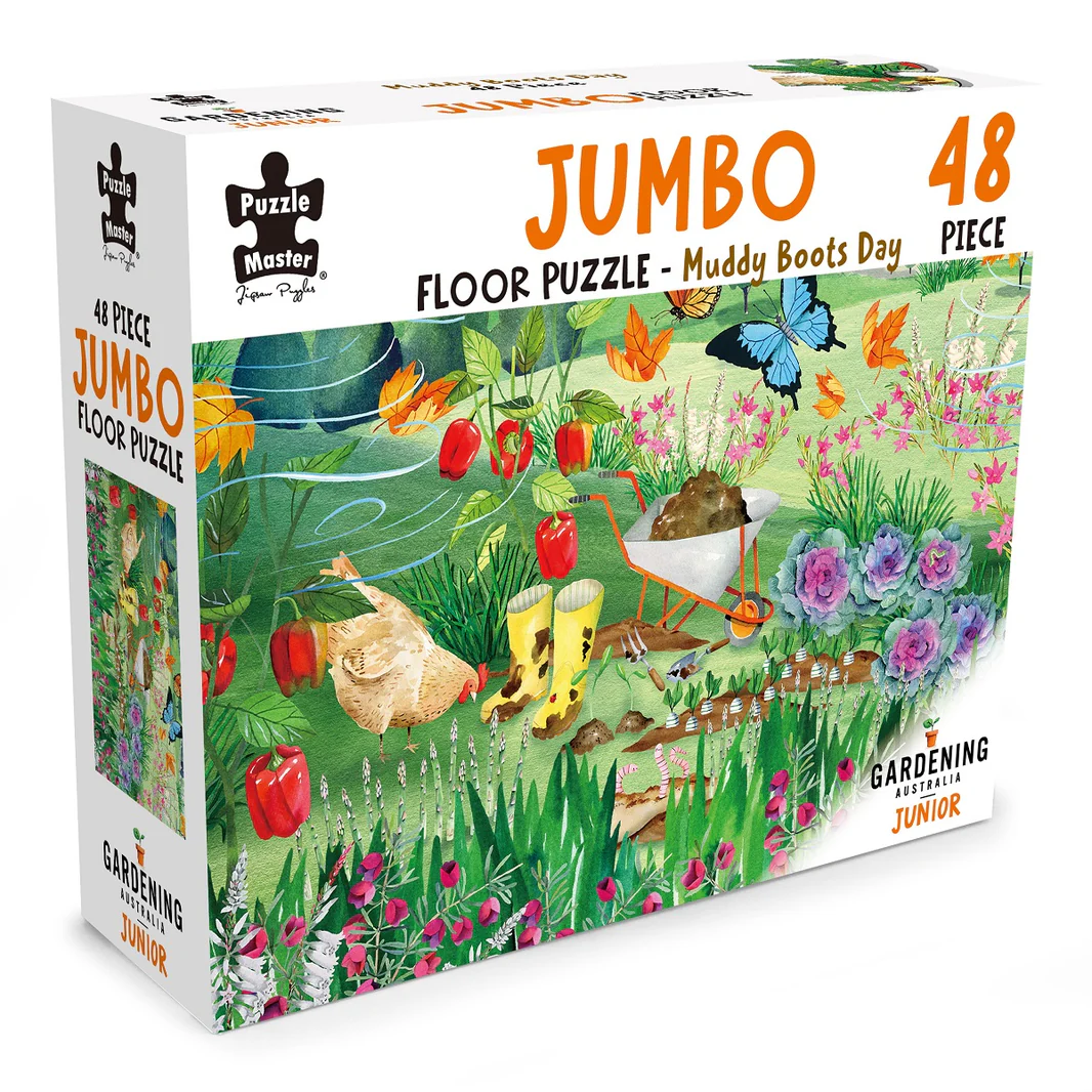 Jumbo 48-piece floor puzzle box with garden scene artwork, birds and flowers