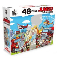 48-piece jumbo floor puzzle box with fire trucks and firefighters scene