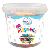 Magnetic lowercase letter alphabet set in plastic storage bucket, 48 pieces