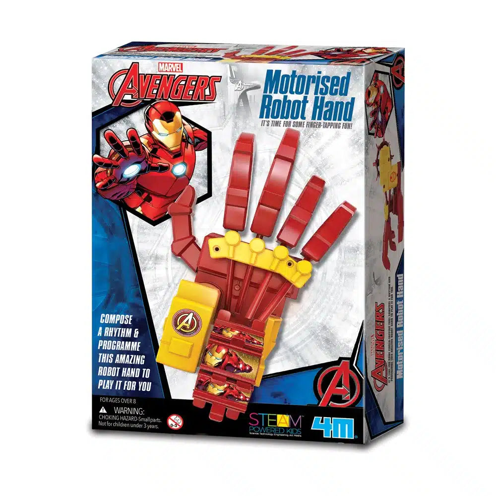 Avengers motorised robot hand kit on retail box, red and yellow mechanical hand