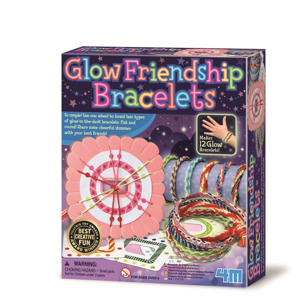 Glow friendship bracelet kit box, colorful strings and bracelet design shown