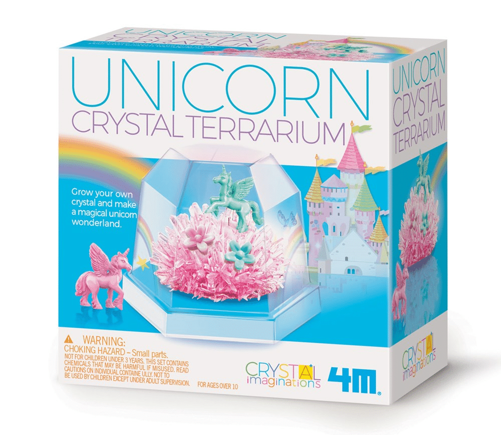Unicorn crystal terrarium kit box with rainbow and castle graphics
