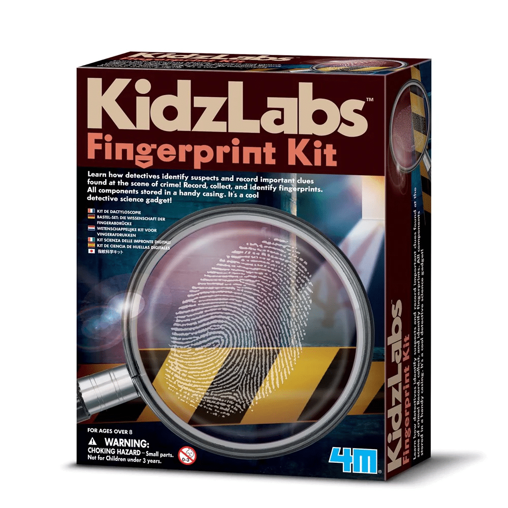 4M KidzLabs fingerprint kit box with magnifying glass and fingerprint card