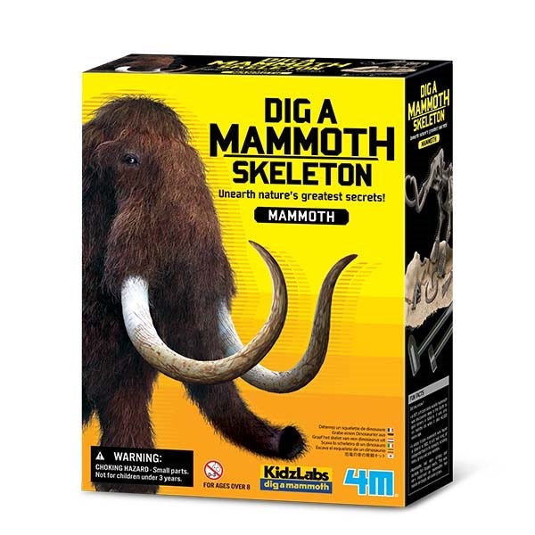 Mammoth skeleton dig kit box with tusk and animal skull graphics, Kidslab and 4M