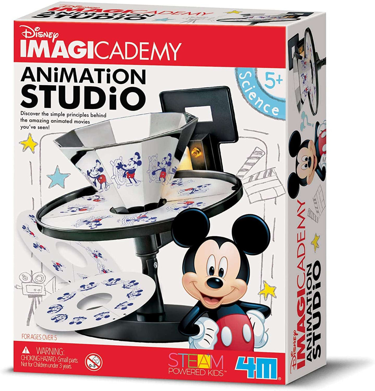 Animation studio toy box with Mickey Mouse art and stack of circular character disks