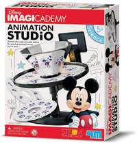 Animation studio toy box with Mickey Mouse art and stack of circular character disks