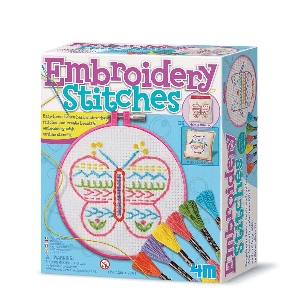 Embroidery stitches craft kit box with printed butterfly panel and colorful thread skeins