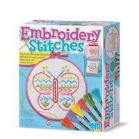 Embroidery stitches craft kit box with printed butterfly panel and colorful thread skeins