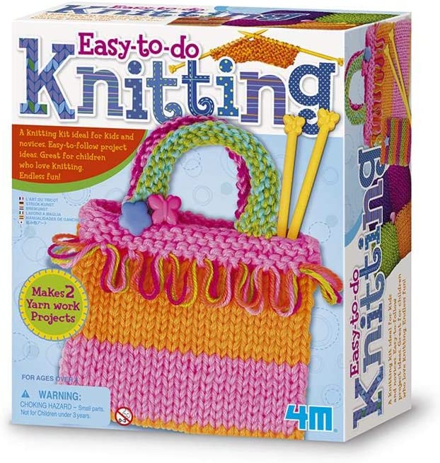 Kids knitting craft kit box with colorful tote bag design and yarn tools
