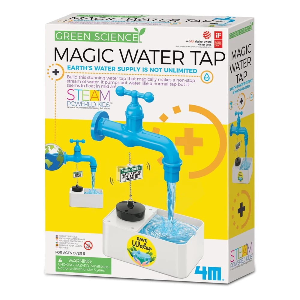 Magic water tap science kit box with blue tap illustration and water stream