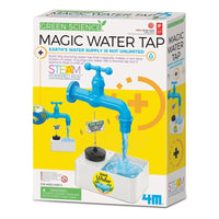 Magic water tap science kit box with blue tap illustration and water stream