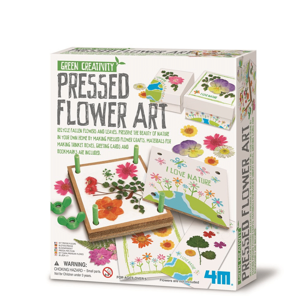 Pressed flower art kit box with flower craft sheets and envelopes on display
