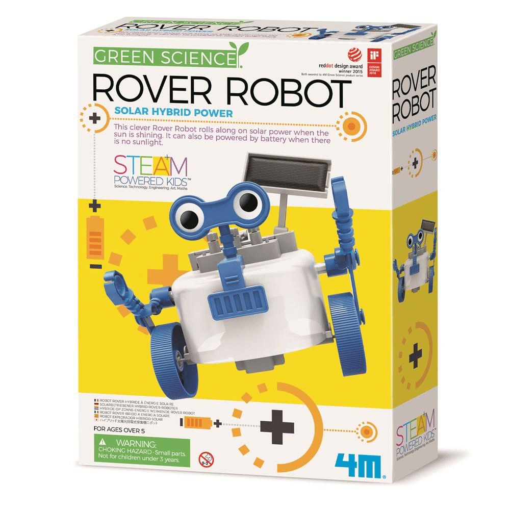 Science rover robot kit box with white and blue robot illustration