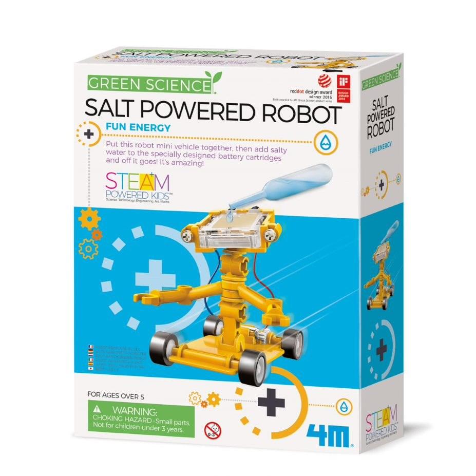 Salt powered robot science kit box, yellow-and-blue parts, Green Science branding