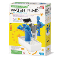 Water pump kit box with blue pump parts and solar hybrid power theme