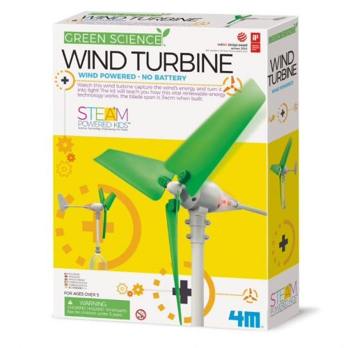 Green wind turbine science kit box with turbine model and parts on front