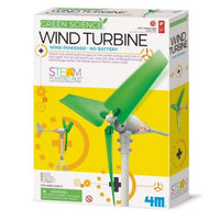 Green wind turbine science kit box with turbine model and parts on front