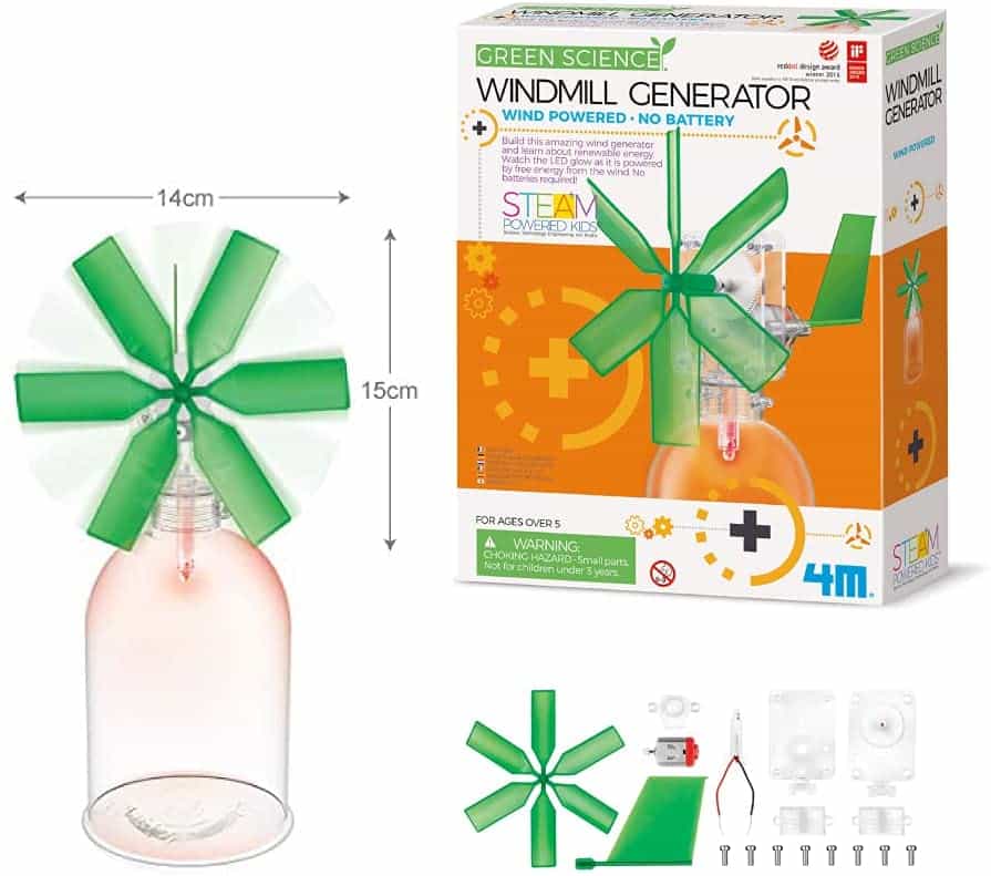 Windmill generator kit box and green pinwheel on clear bottle with included parts