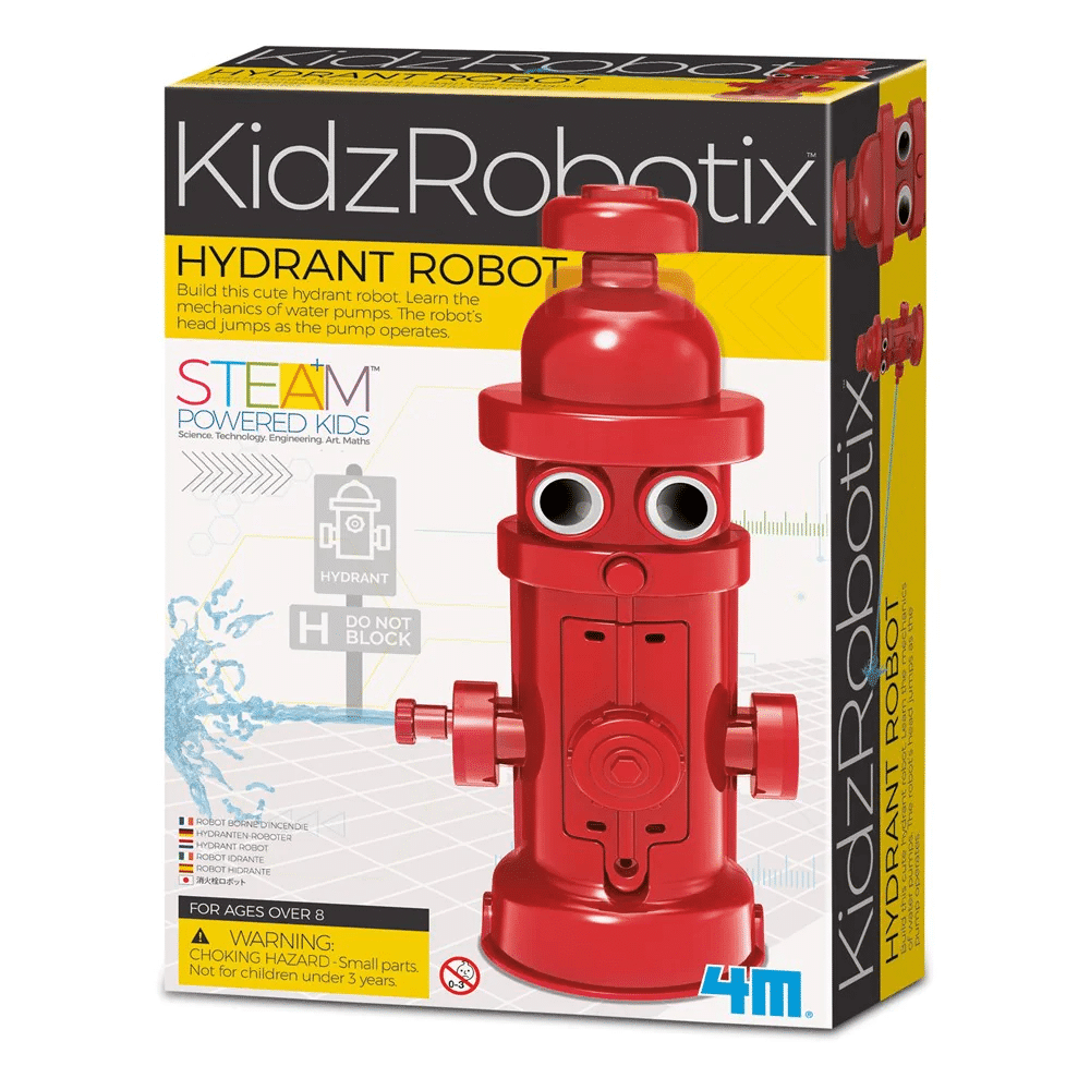 Red hydrant robot building toy with two round windows and side handles