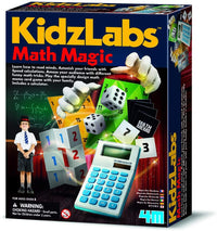 Kids learning math magic kit box with colorful graphics and calculator pieces