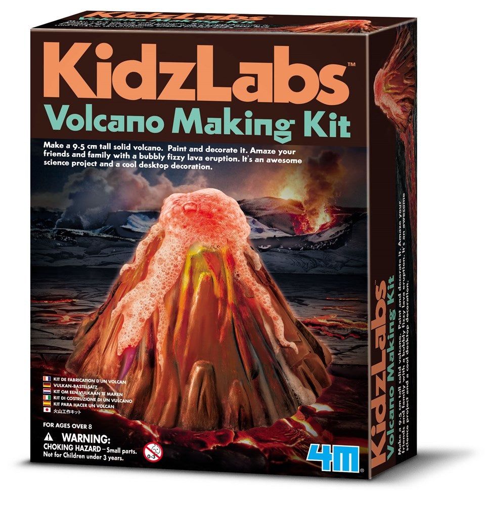 Volcano making kit box with KidzLab design and warning label