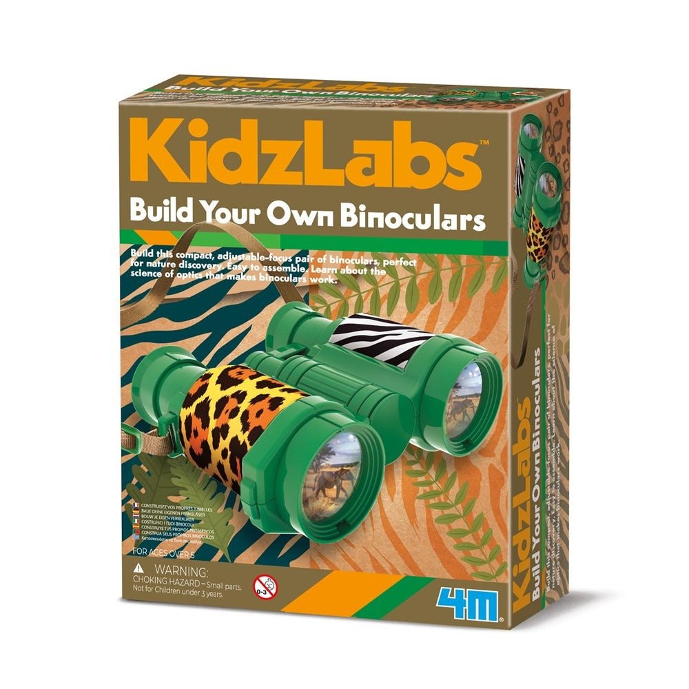 KidzLabs binoculars STEM kit box, green binoculars and animal print graphics