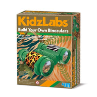 KidzLabs binoculars STEM kit box, green binoculars and animal print graphics
