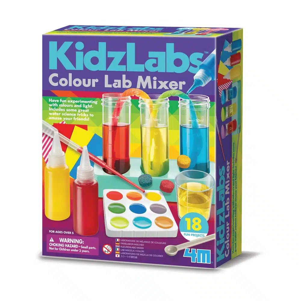 Kids colour lab mixer kit box with colorful lab tubes and 18 colour label