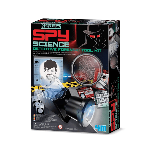 Detective forensic tool kit box with magnifying glass and evidence card set